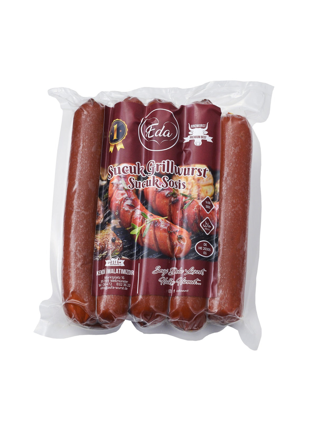 Verpackte Halal Sucuk Grillwurst von Eda – 5 Stück Rindwurst vakuumverpackt mit Produktetikett