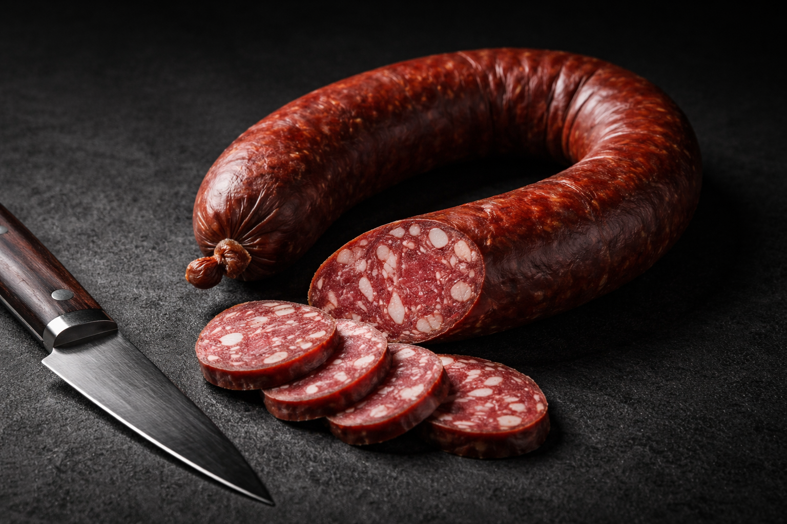 indsucuk im Ring aus 100 Prozent Rindfleisch mit dunkler Reifefarbe und feiner Fettmarmorierung