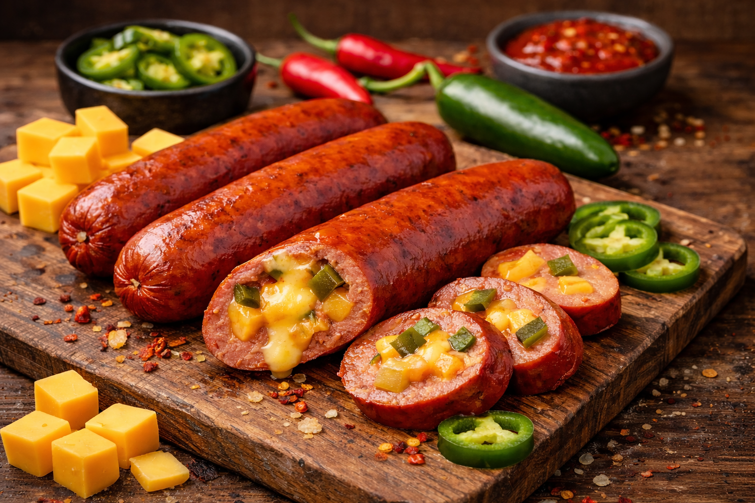 Chili-Cheese Rindswurst mit Käsefüllung und Jalapeños im Anschnitt