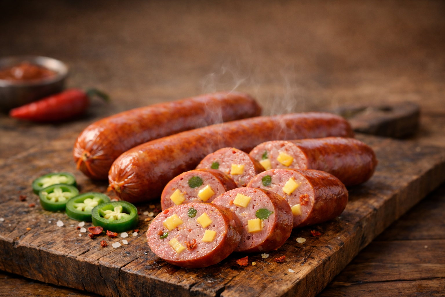 Chili-Cheese Rindswurst in Frankfurter Art mit Käsefüllung und Jalapeños im Anschnitt