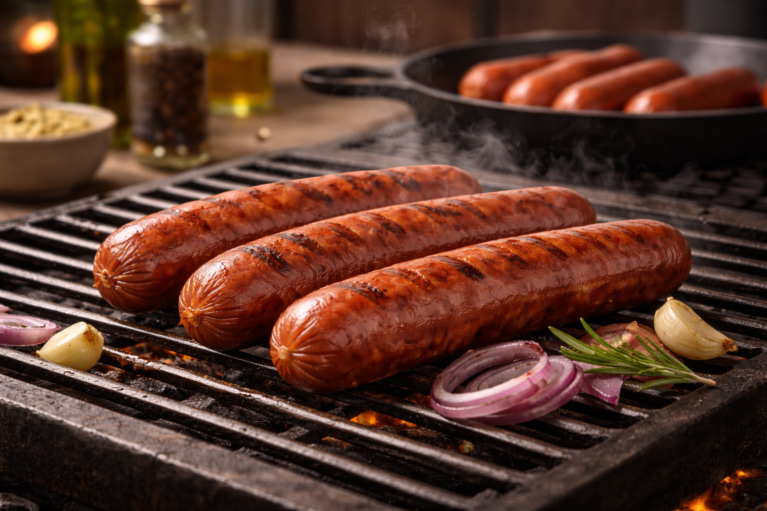 Frankfurter Rindswürste aus Rind auf Grill mit Naturdarm und feinem Brät