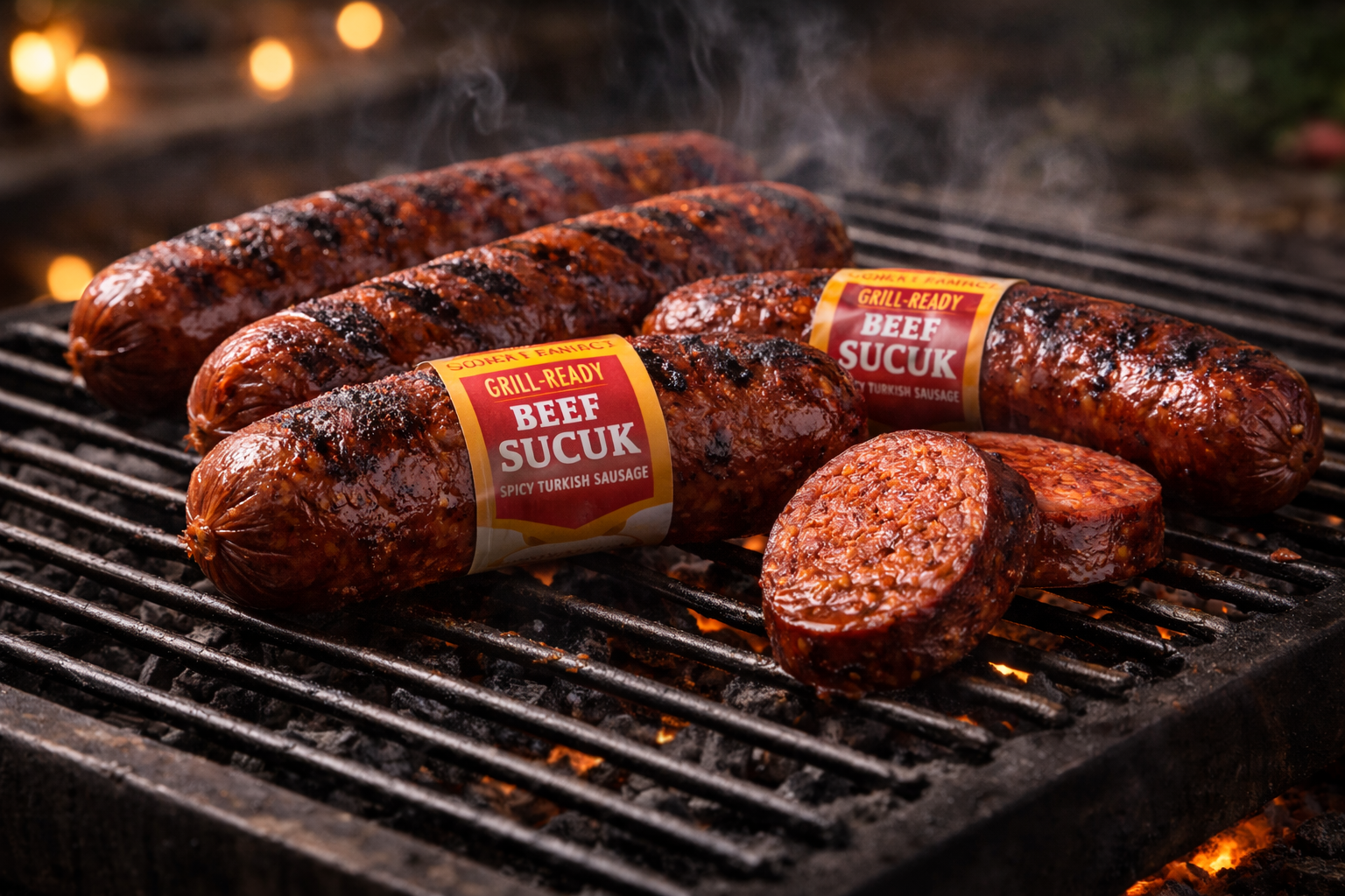 Grillgeeignete Sucuk aus 100 Prozent Rind auf Holzkohlegrill mit saftigem Anschnitt