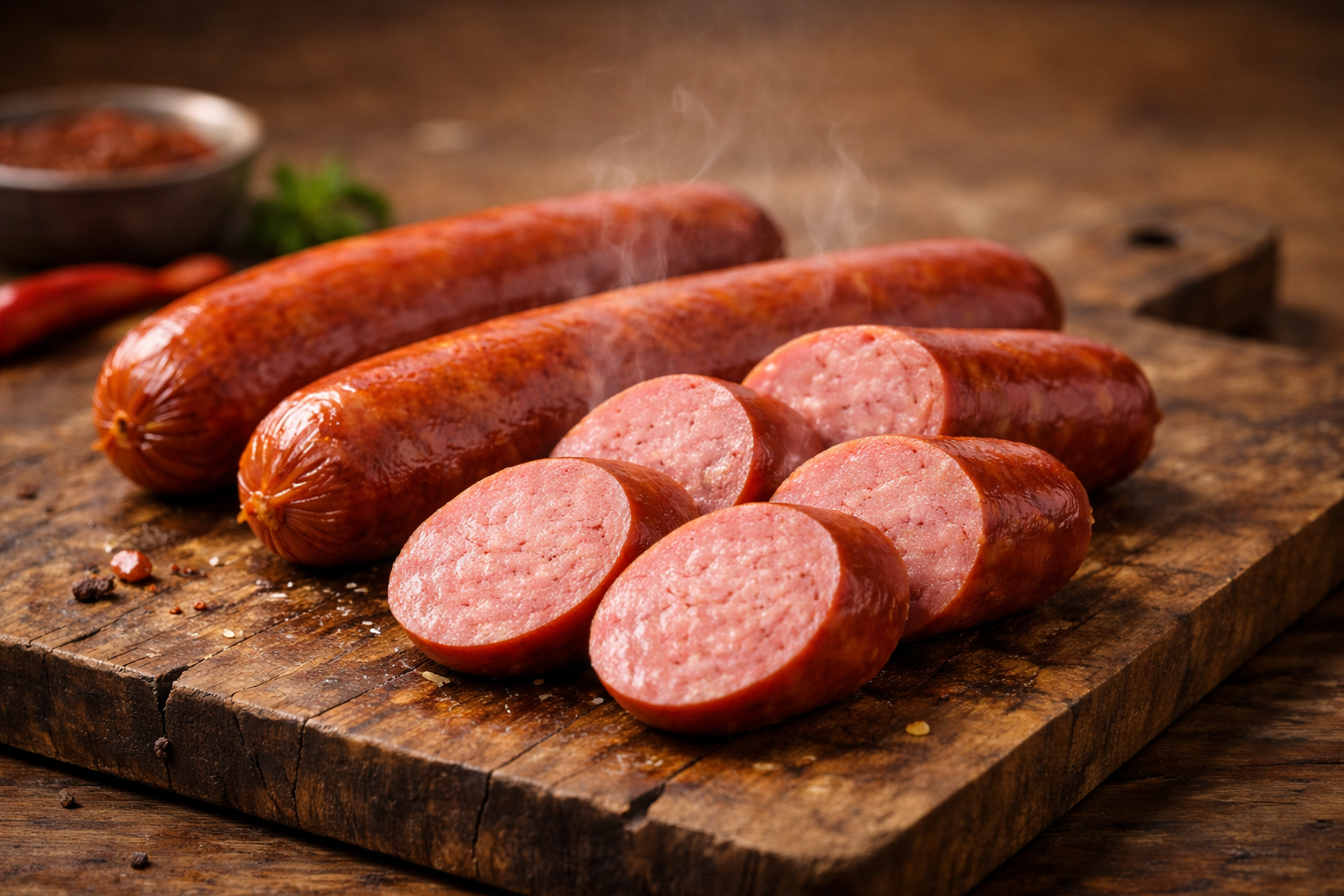 Rindswurst in Frankfurter Art mit feinem Brät und Naturdarm im Anschnitt