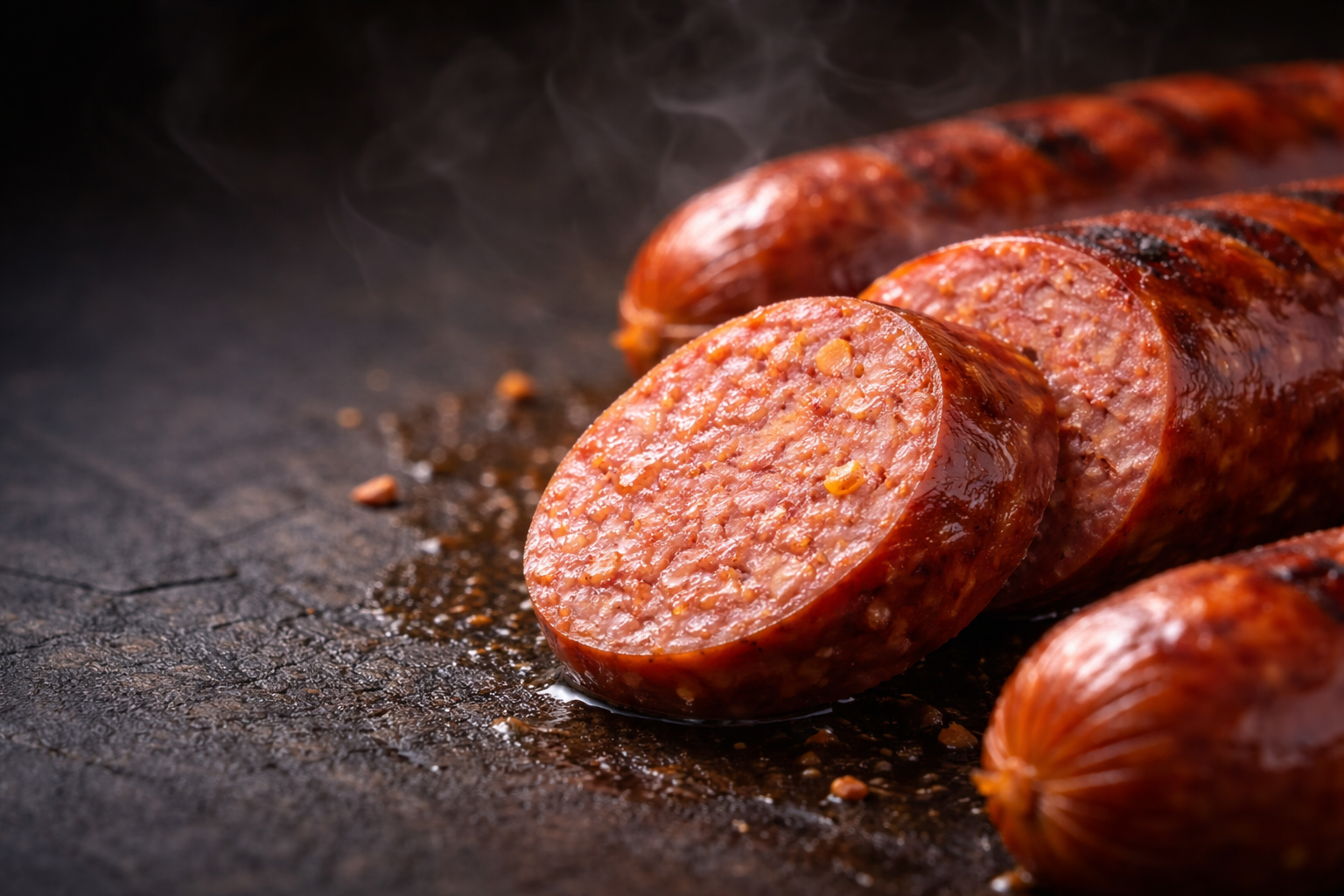 Scharfe Rindswurst im Naturdarm mit saftigem Anschnitt auf dem Grill