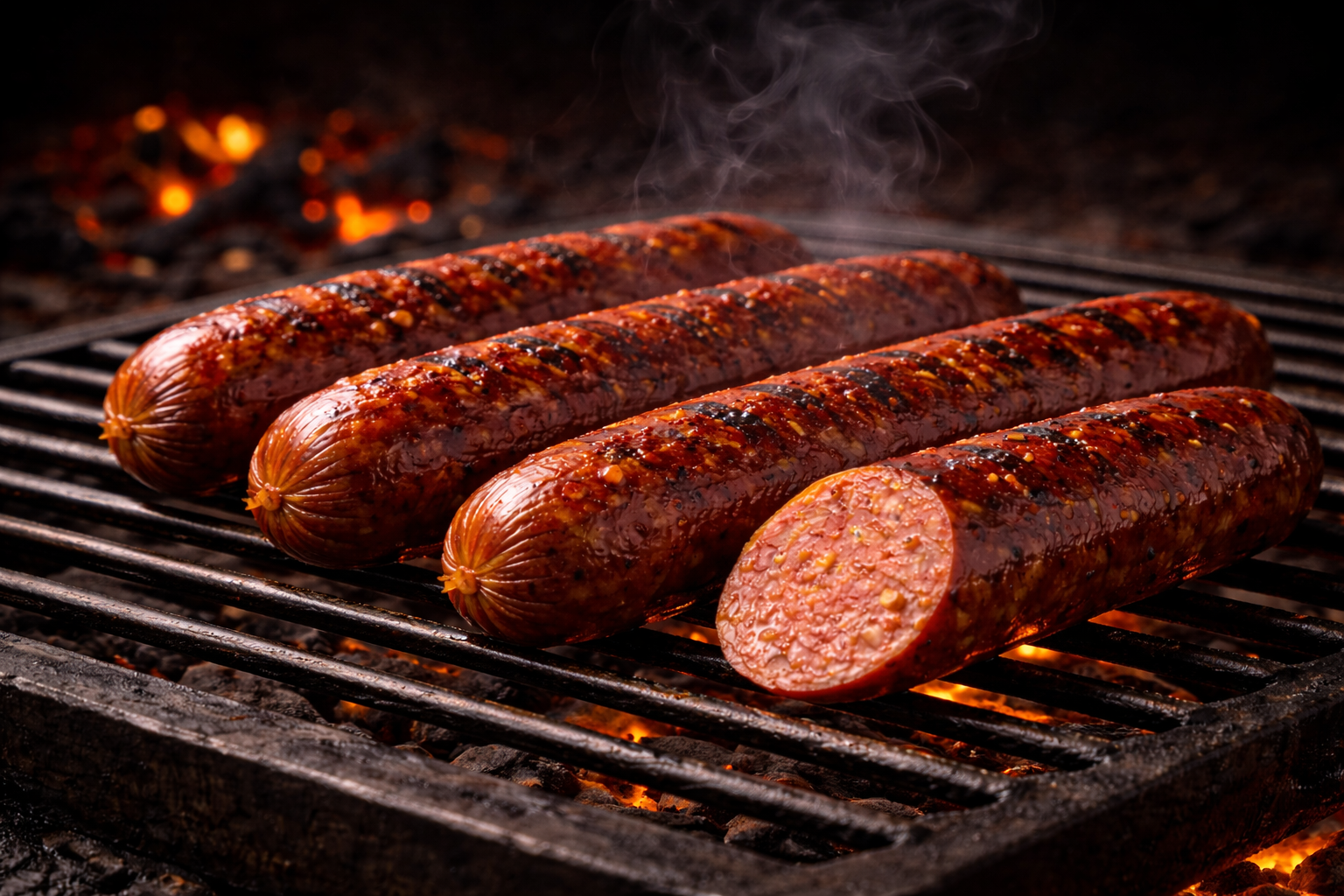 Spicy Rindswurst aus Rindfleisch mit Chili auf Holzkohlegrill