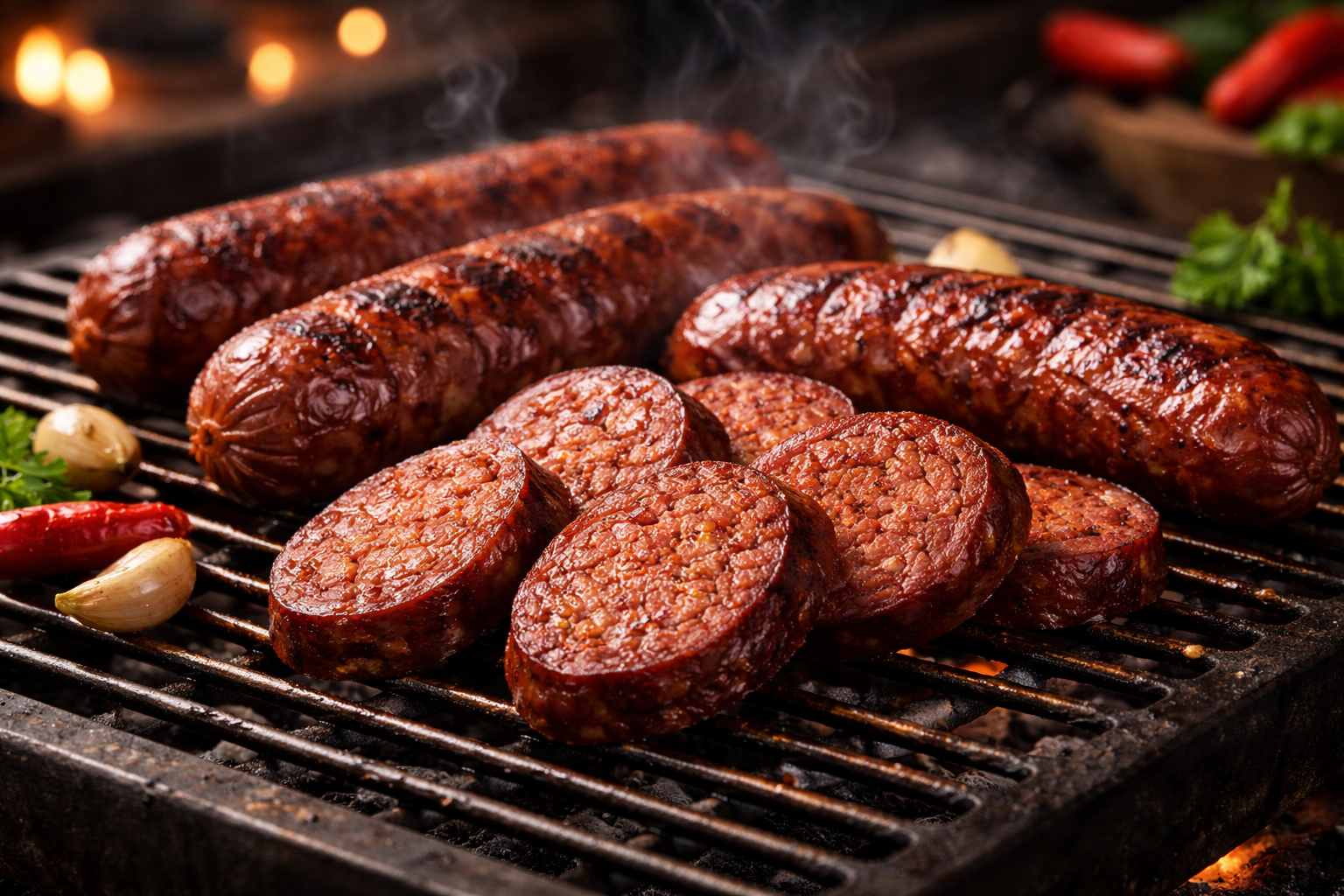 Gegrillte Sucuk aus Rind mit grober Struktur und Gewürzöl auf Holzkohlegrill
