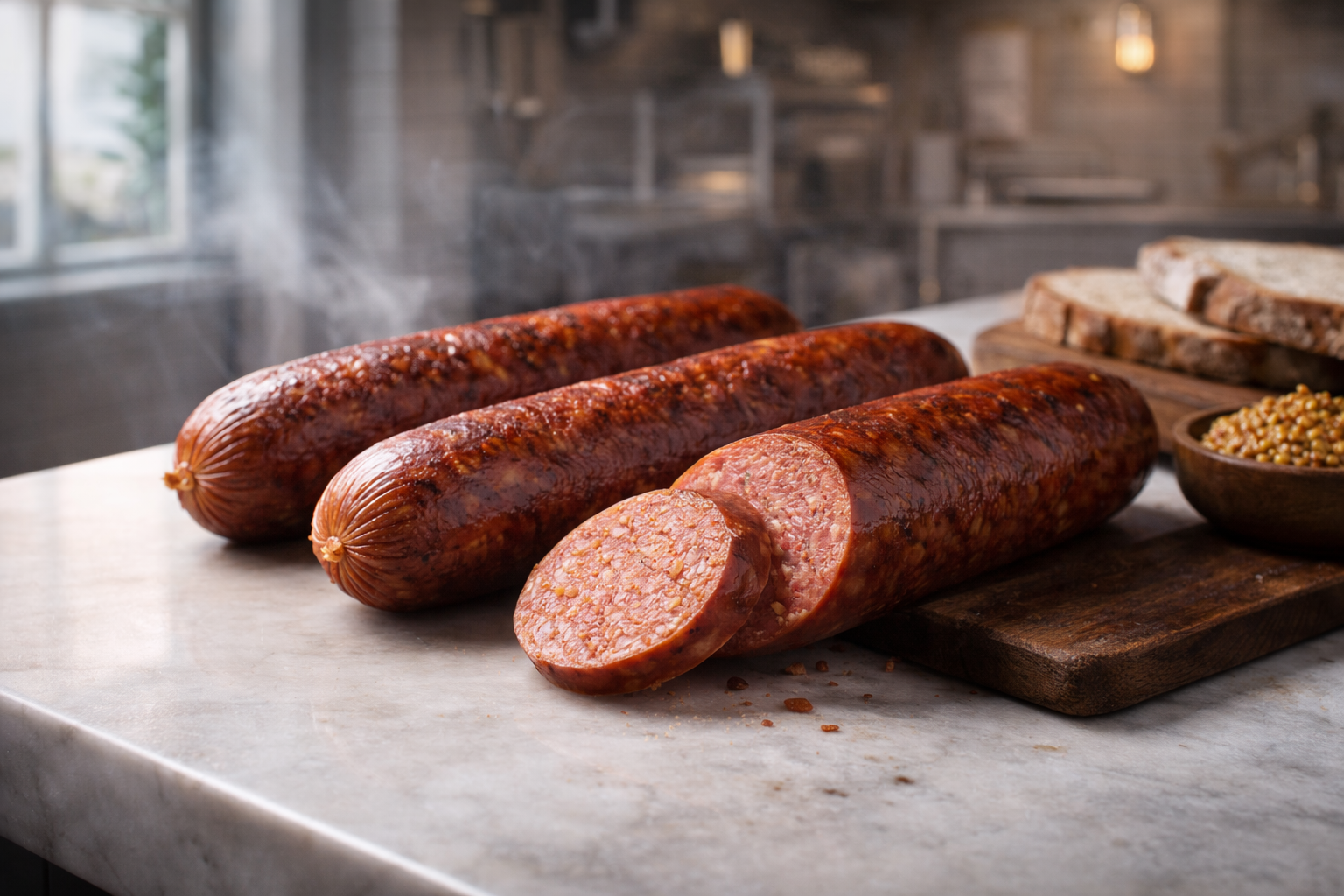 Westfälische Rindswurst kräftig gewürzt und geräuchert auf Holzbrett