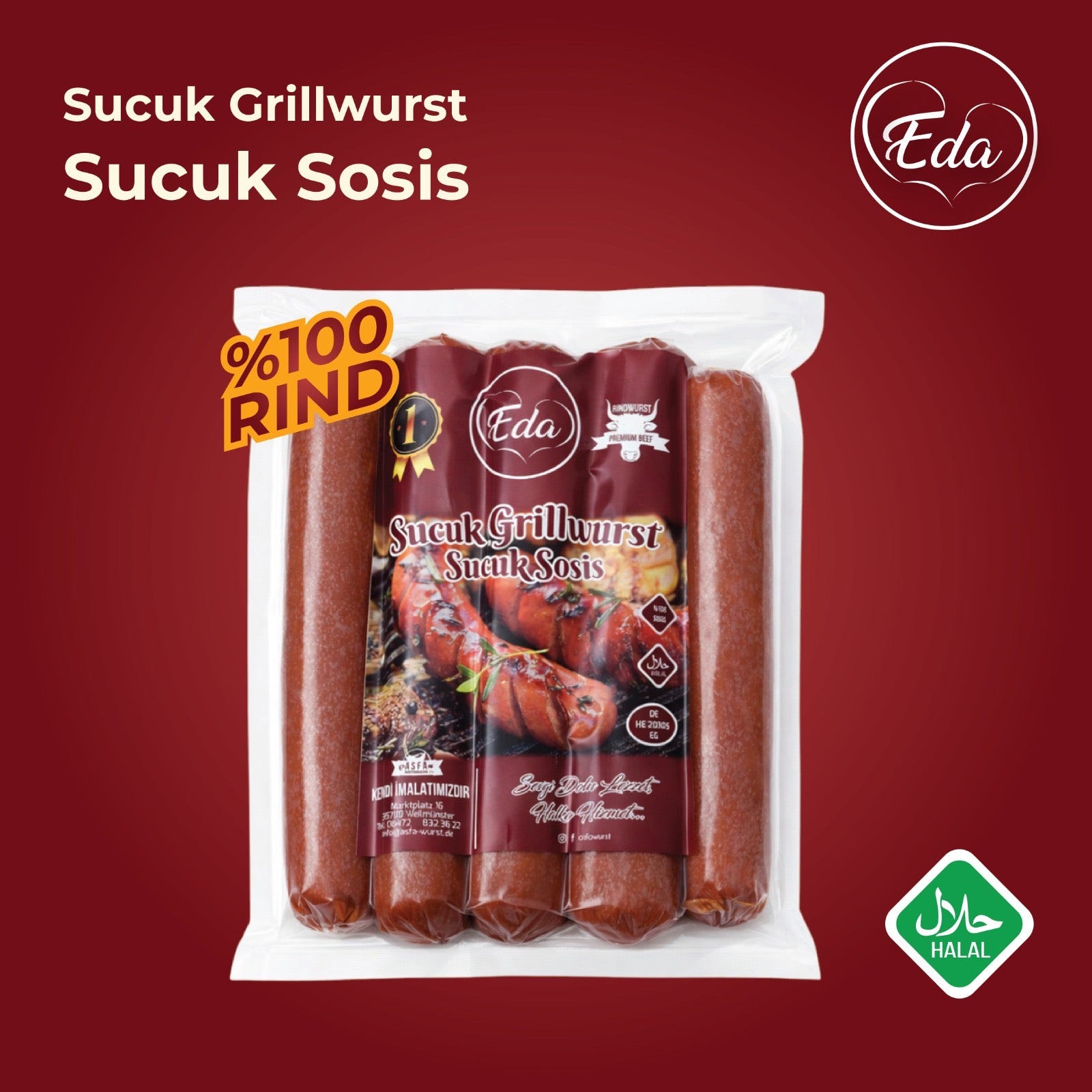 Halal Sucuk Grillwurst von Eda auf dem Grill – gebräunte Rindswurst mit Kräutern und Halal-Siegel
