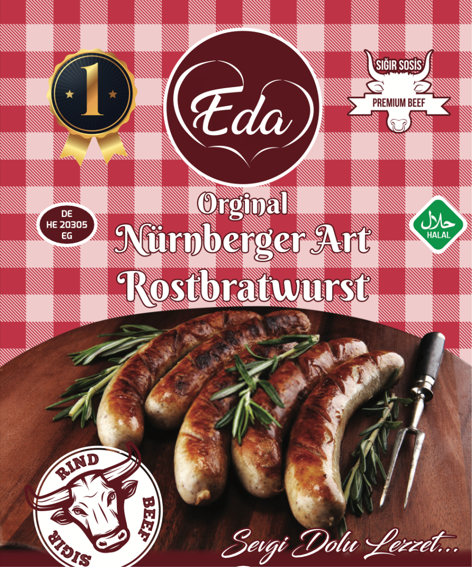 Etikett der Halal Rostbratwurst von Eda – Nürnberger Art aus Rindfleisch, serviert auf Holzbrett mit Rosmarin