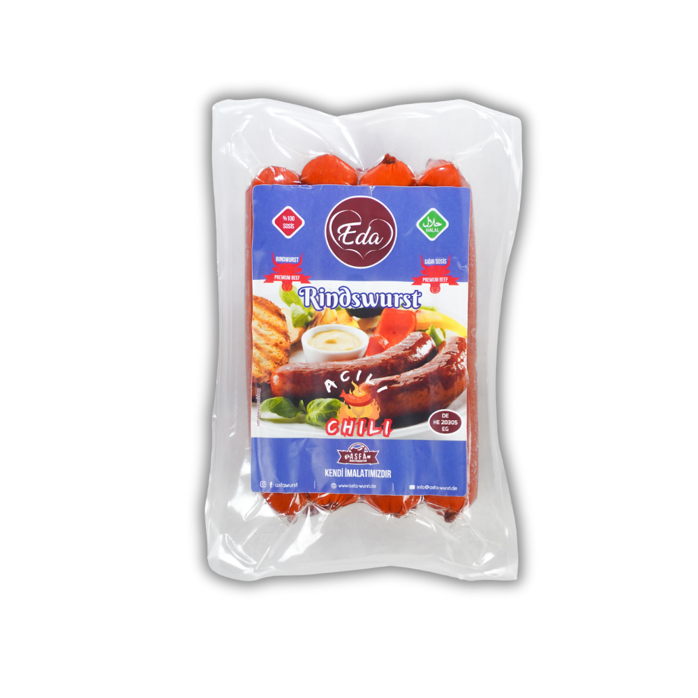 Verpackte Halal Rindswurst Chili von Eda – würzige Rindwurst im Vakuumbeutel, 100 % Rindfleisch, mit Produktetikett