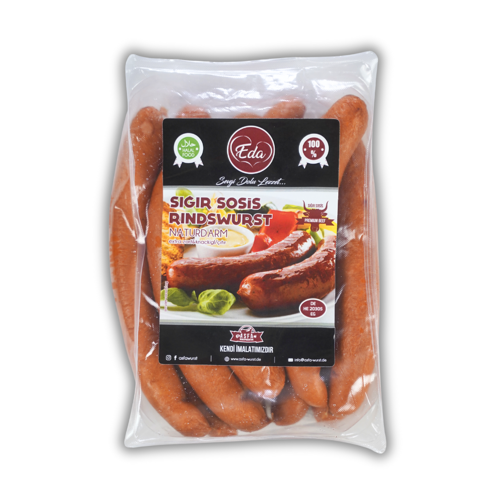 Verpackte Halal Rindswurst von Eda – Sığır Sosis im Naturdarm, extra zart und knackig, Produktetikett mit Halal-Siegel