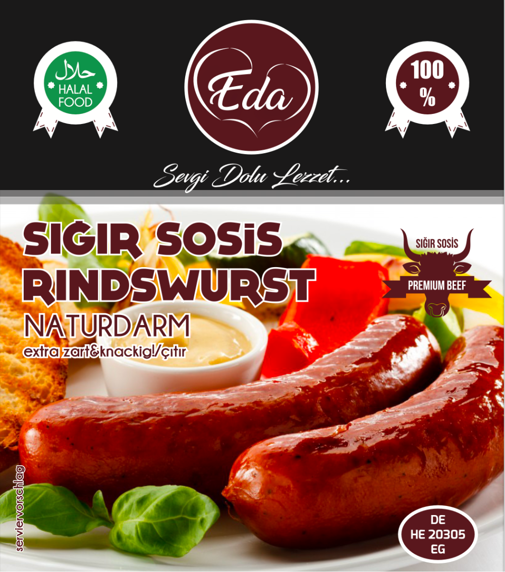 Etikett der Halal Rindswurst im Naturdarm – serviert mit Brot, Dip und Gemüse, Sığır Sosis extra zart & knusprig