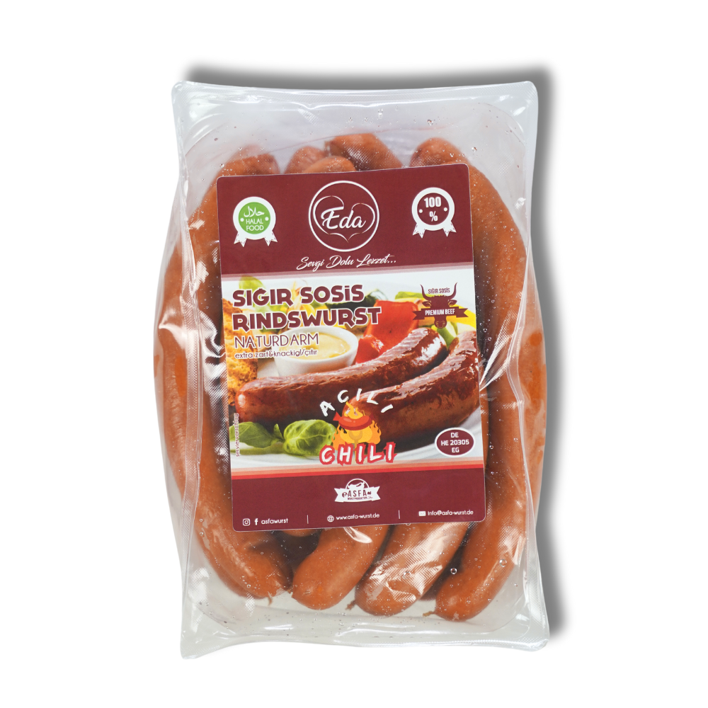 Verpackte Halal Rindswurst Chili von Eda – Sığır Sosis im Naturdarm, extra zart & würzig, Produktetikett sichtbar