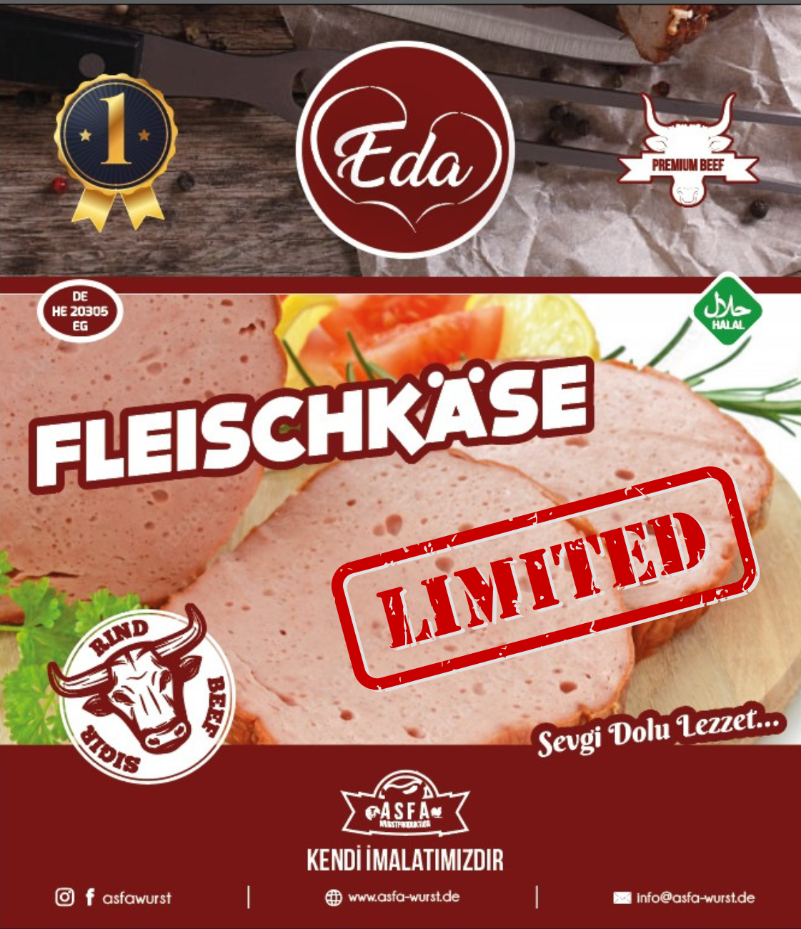 Verpackung des Halal Fleischkäses von Eda – 100 % Rind, mit LIMITED-Stempel, Halal-Siegel und Asfa Wurstmanufaktur