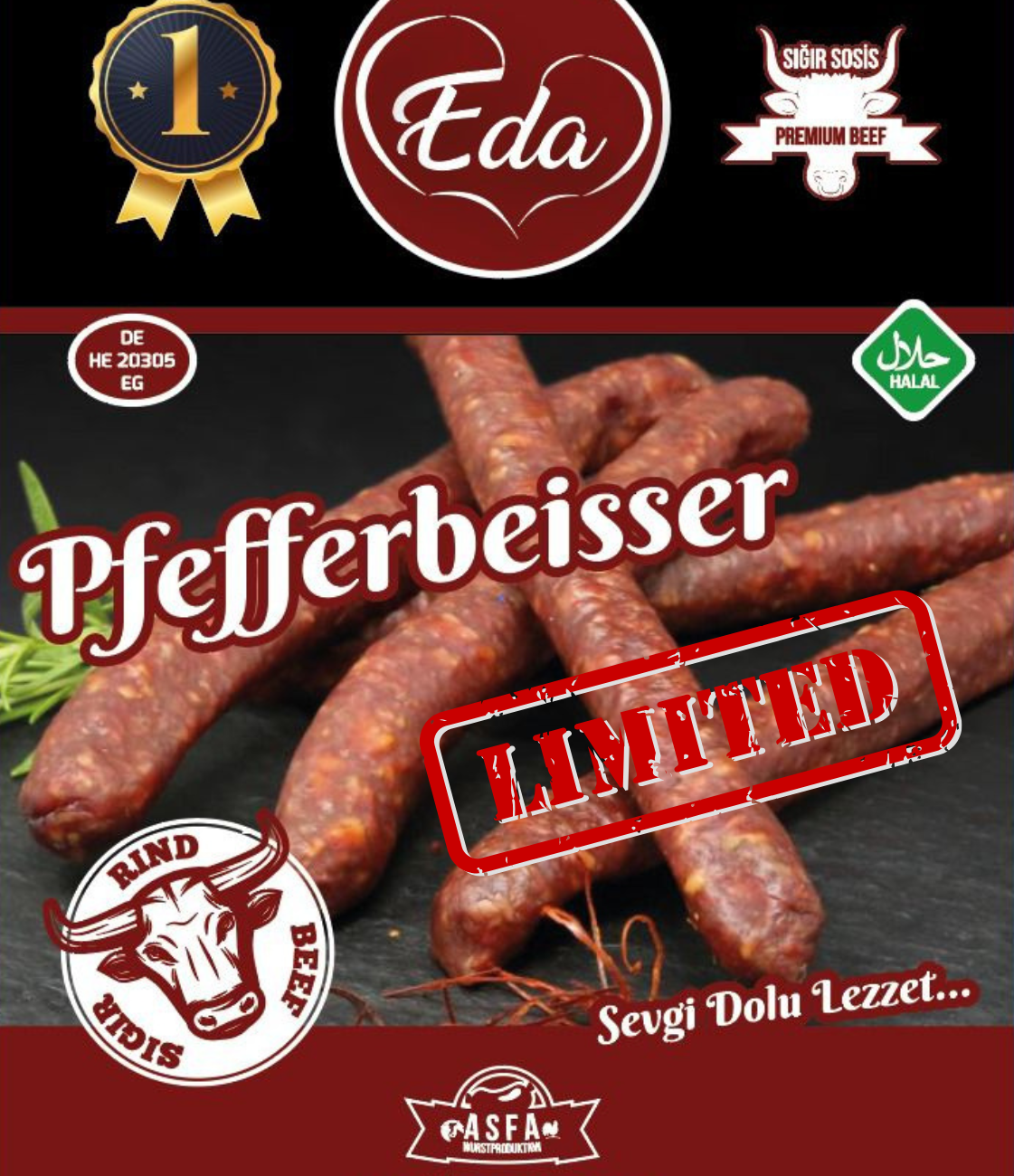 Verpackung der Halal Pfefferbeißer von Eda – würzige Rindwurst, LIMITED-Edition, Halal-Siegel und Asfa Wurstmanufaktur