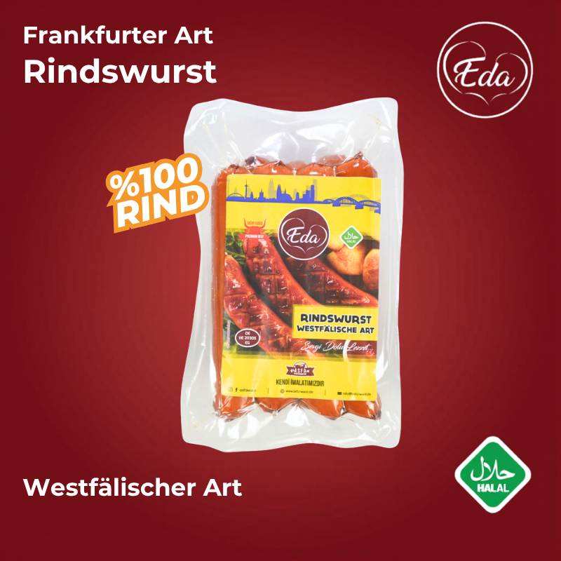 Etikett der Eda Sucuk Grillwurst – gegrillte Würste mit Kräutern, Halal-Siegel und Premium Beef Logo