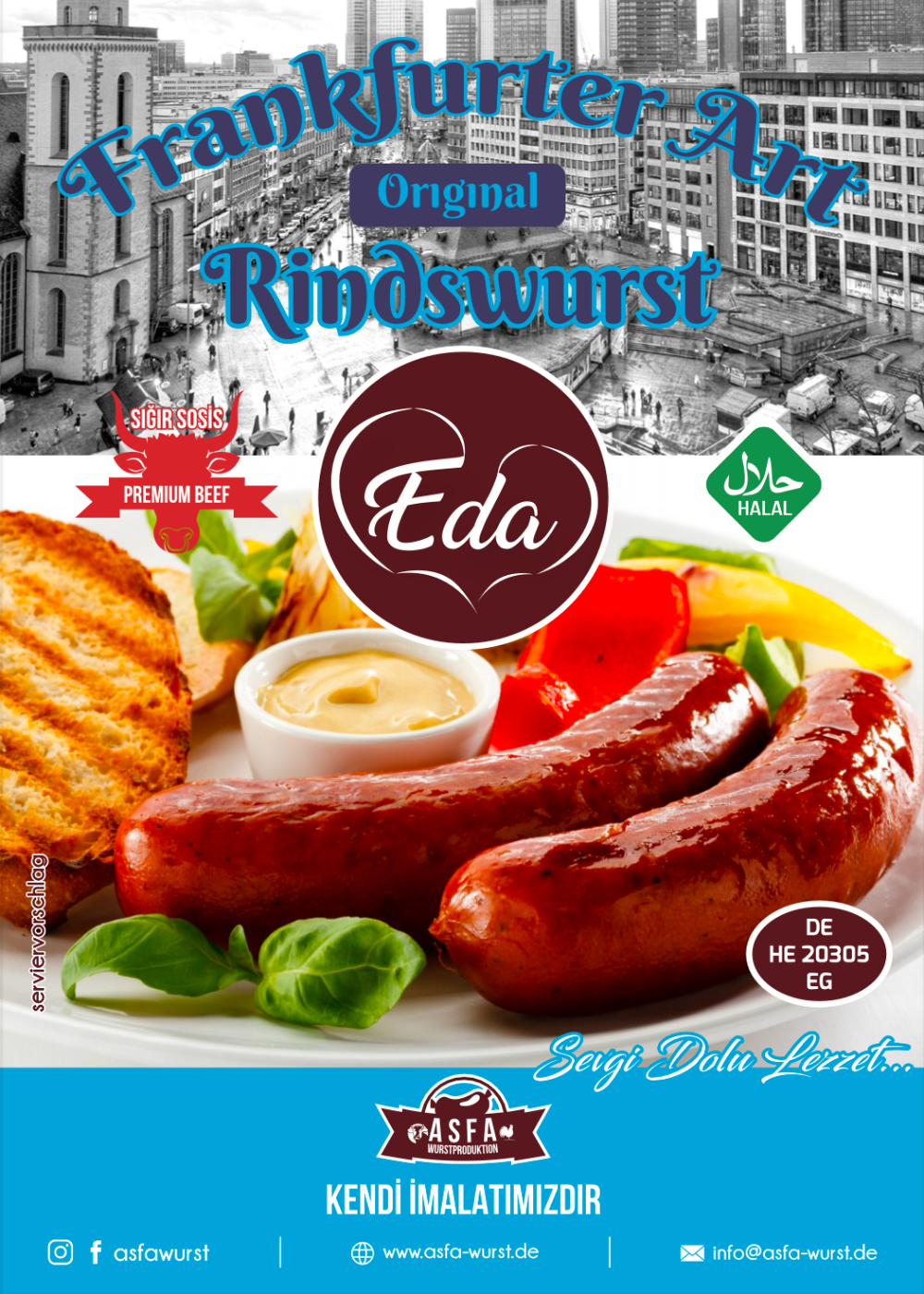 Verpackung der Eda Rindswurst Frankfurter Art – Halal-Rindwurst mit Serviervorschlag, Brot und Dip, vor Frankfurt-Stadtmotiv