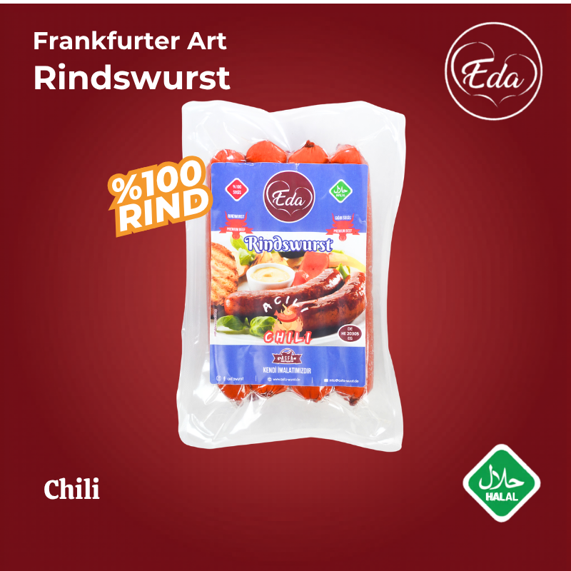 Halal Rindswurst Chili von Eda auf Servierteller – scharfe Rindwurst mit Beilagen, Brot und Dip, Produktetikett mit Halal-Siegel
