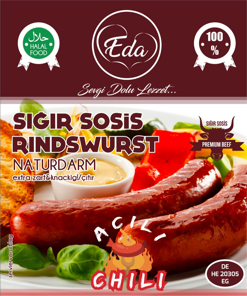Etikett der Halal Rindswurst Chili von Eda – scharfe Rindwurst im Naturdarm mit Serviervorschlag, Brot und Dip