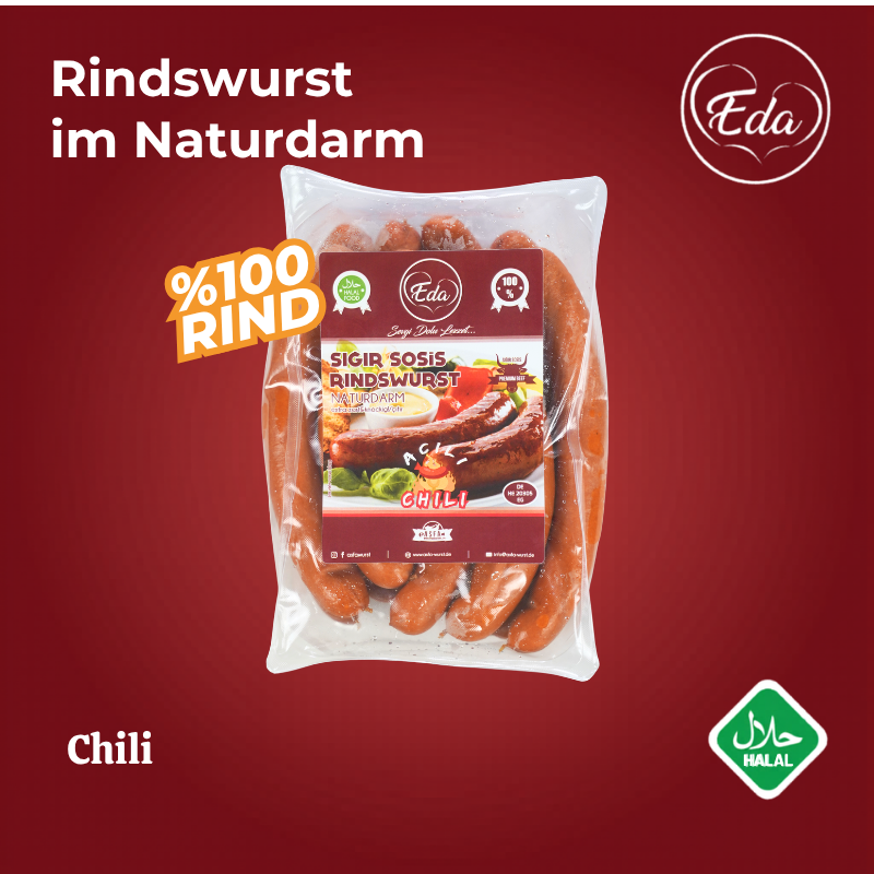Etikett der Halal Rindswurst Chili von Eda – scharfe Rindwurst im Naturdarm mit Serviervorschlag, Brot und Dip