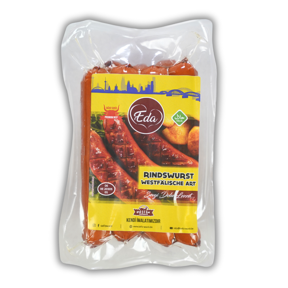 Vakuumverpackte Eda Sucuk Grillwurst aus Rindfleisch mit Halal-Siegel und Grillmotiv auf dem Etikett