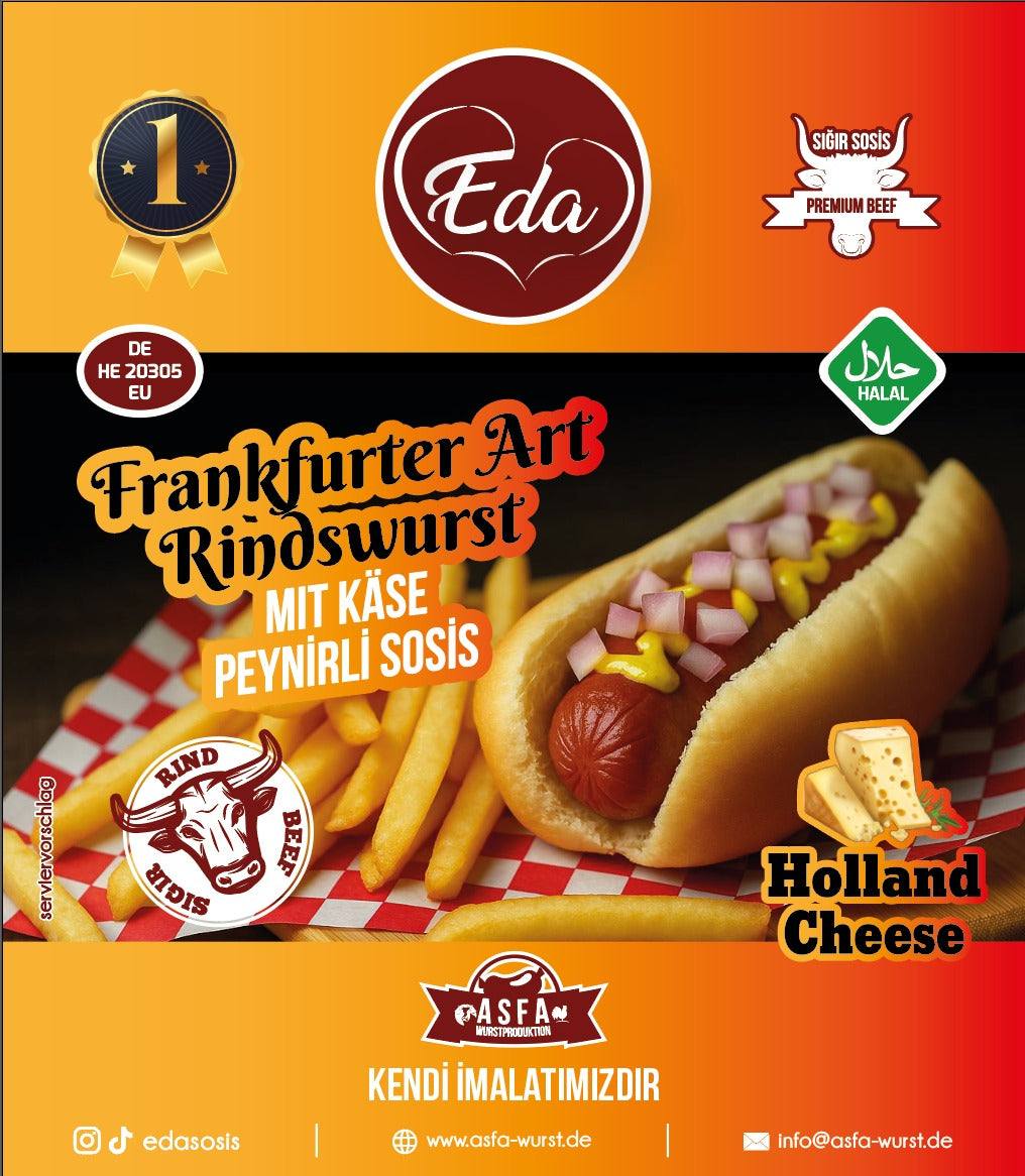 Verpackte Käsewurst mit Hollandkäse – 400g, Rindwurst ready to eat, Halal-zertifiziert