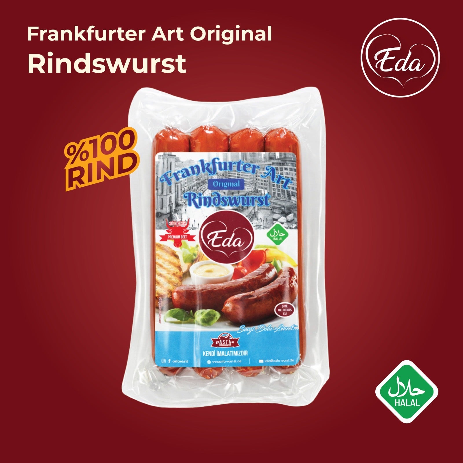 Verpackung der Eda Rindswurst Frankfurter Art – Halal-Rindwurst mit Serviervorschlag, Brot und Dip, vor Frankfurt-Stadtmotiv