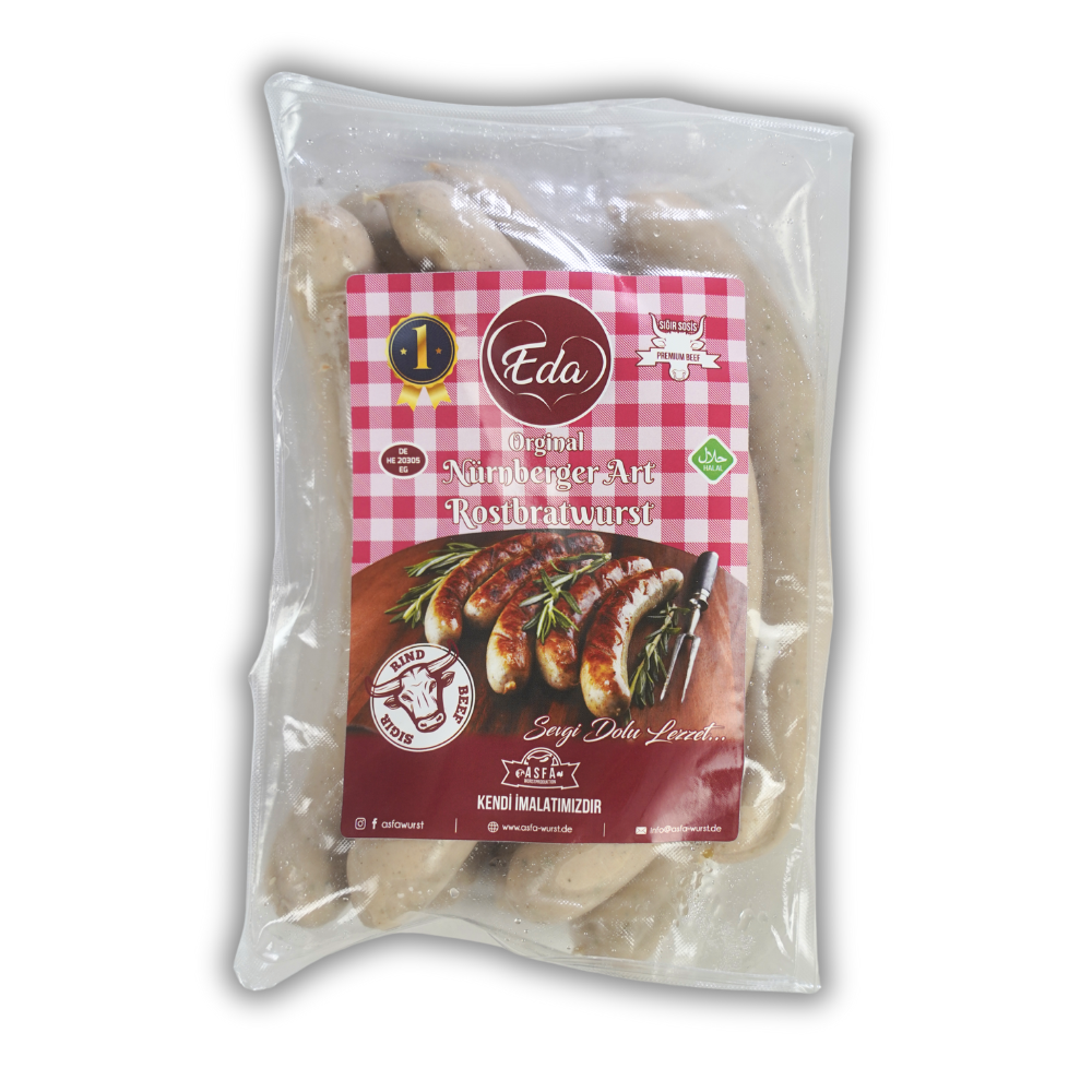 Verpackte Halal Rostbratwurst Nürnberger Art von Eda – Rindfleisch, vakuumverpackt mit Etikett und Halal-Siegel