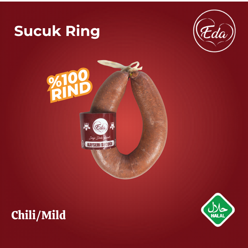 Eda Klasik Dana Sucuk – traditionelle Rindersucuk in Hufeisenform, halal-zertifiziert, auf kariertem Tuch serviert