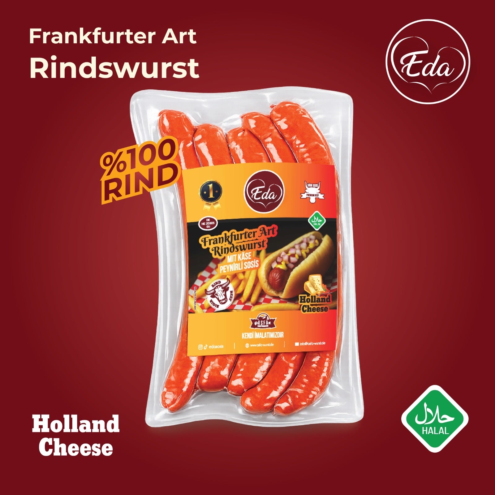 Rindswurst mit Hollandkäse – Halal Käsewurst aus Rindfleisch, 400g verpackt