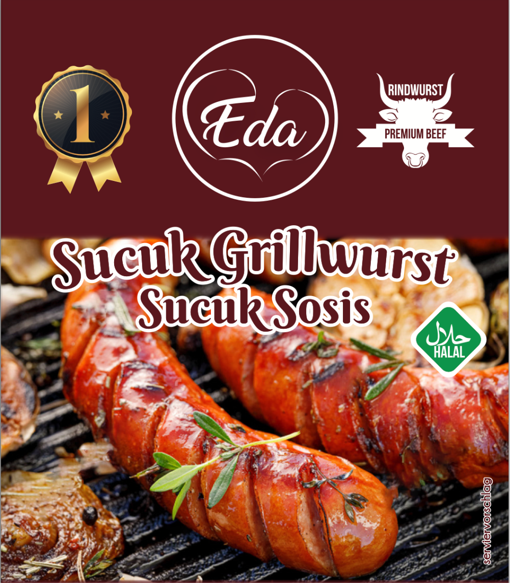 Halal Sucuk Grillwurst von Eda auf dem Grill – gebräunte Rindwurst mit Kräutern und Halal-Siegel