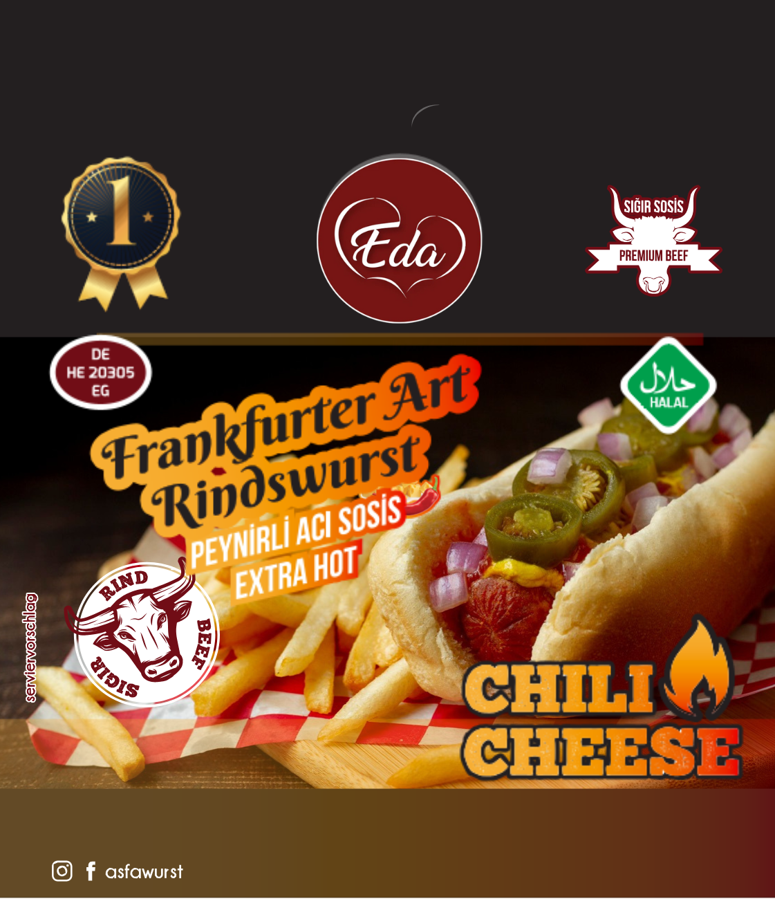 Halal Rindswurst Chili Cheese von Eda – Frankfurter Art Rindswurst aus 100 % Rindfleisch, gefüllt mit cremigem Käse und scharfer Chili. Extra würzig, halal-zertifiziert und mit Serviervorschlag im Hotdog-Stil. Ideal für Grill, Pfanne oder Snack zwischendurch. Premium Beef – würziger Genuss mit Käse und Schärfe, perfekt für Liebhaber von pikanten Würsten.
