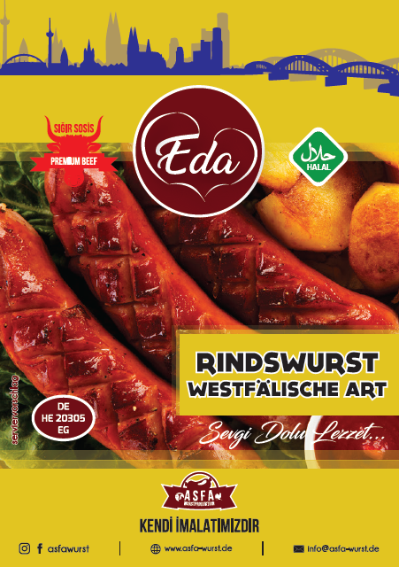 Etikett der Eda Sucuk Grillwurst – gegrillte Würste mit Kräutern, Halal-Siegel und Premium Beef Logo