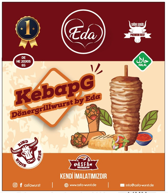 Verpackungsdesign der Halal KebapG Dönergrillwurst by Eda – Rindfleisch, Döner-Motiv, Halal-Siegel und Asfa-Wurstmarke
