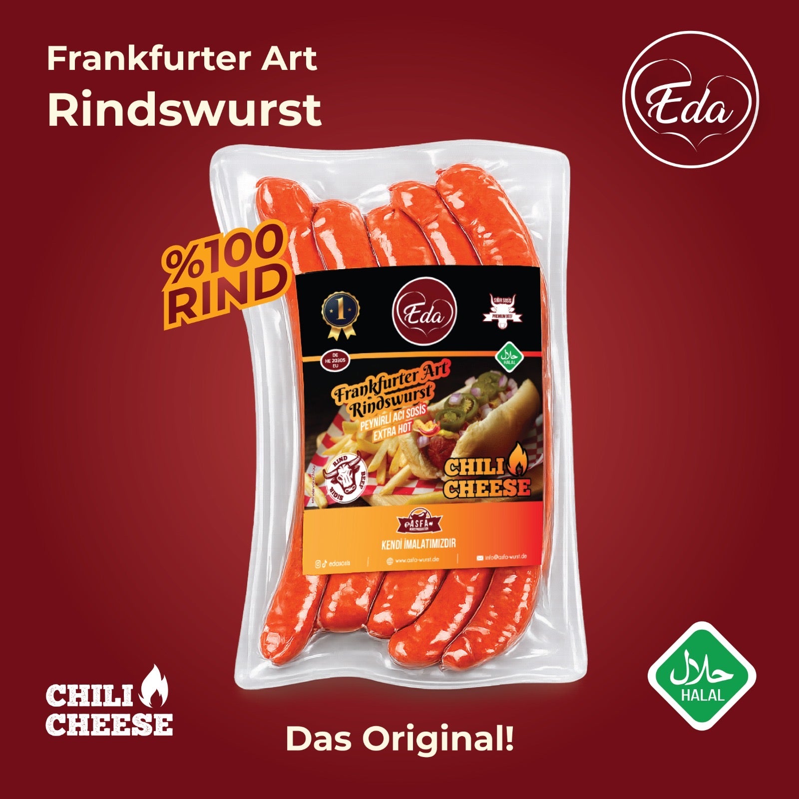 Halal Rindswurst Chili Cheese von Eda – Frankfurter Art Rindswurst aus 100 % Rindfleisch, gefüllt mit cremigem Käse und scharfer Chili. Extra würzig, halal-zertifiziert und mit Serviervorschlag im Hotdog-Stil. Ideal für Grill, Pfanne oder Snack zwischendurch. Premium Beef – würziger Genuss mit Käse und Schärfe, perfekt für Liebhaber von pikanten Würsten.